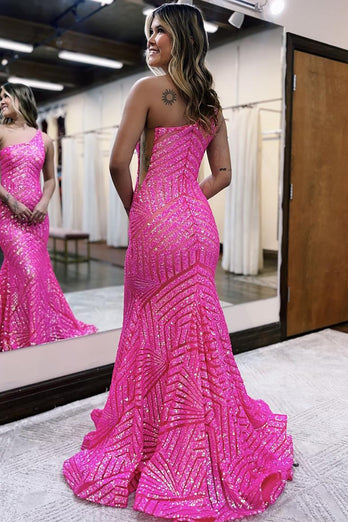 Fuchsia Sparkly One Shoulder Long Prom Dress