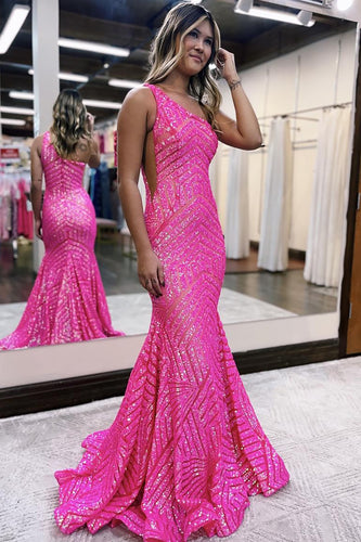 Fuchsia Sparkly One Shoulder Long Prom Dress