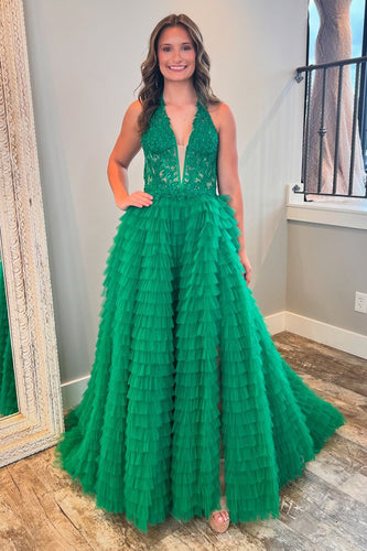 Dark Green A-Line Neck Collar Corset Long Prom Dress with Slit