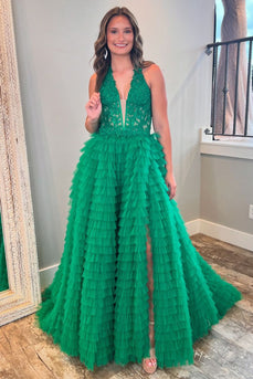 Dark Green A-Line Neck Collar Corset Long Prom Dress with Slit