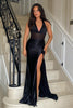 Load image into Gallery viewer, Black Corset V-Neck Halter Long Prom Dress with Slit