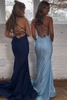 Load image into Gallery viewer, Light Blue Spaghetti Straps Mermaid Backless Long Prom Dress