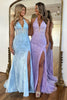 Load image into Gallery viewer, Light Blue Neck Collar Illusion Mermaid Corset Long Prom Dress with Slit