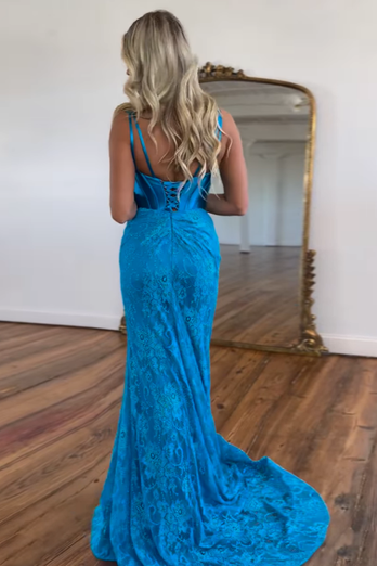 Blue Sparkly Spaghetti Straps Corset Mermaid Long Prom Dress with Slit