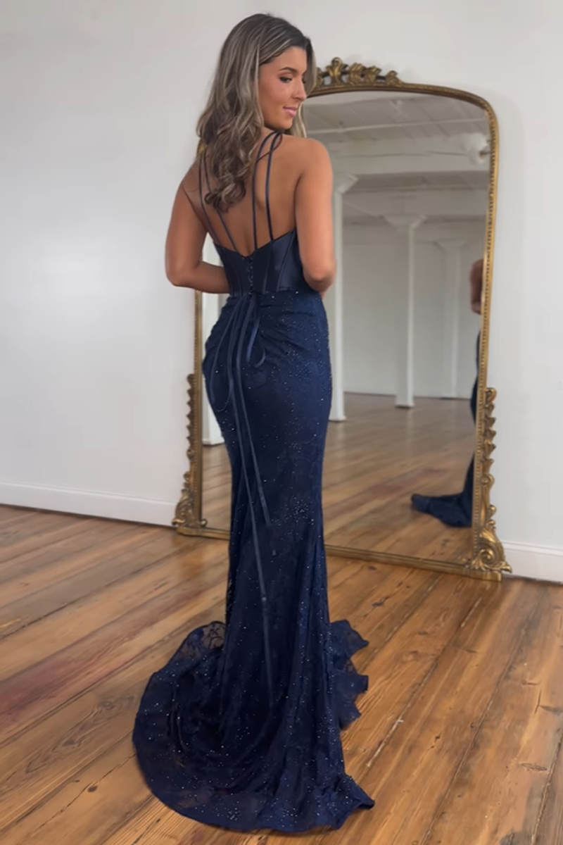 Load image into Gallery viewer, Blue Sparkly Spaghetti Straps Corset Mermaid Long Prom Dress with Slit