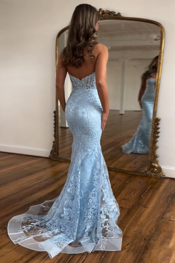 Light Blue Strapless Corset Mermaid Long Prom Dress with Appliques