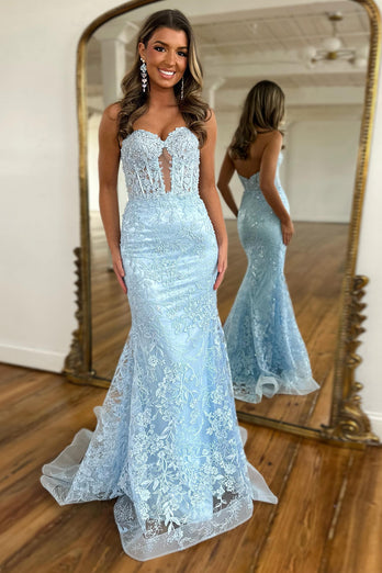 Light Blue Strapless Corset Mermaid Long Prom Dress with Appliques