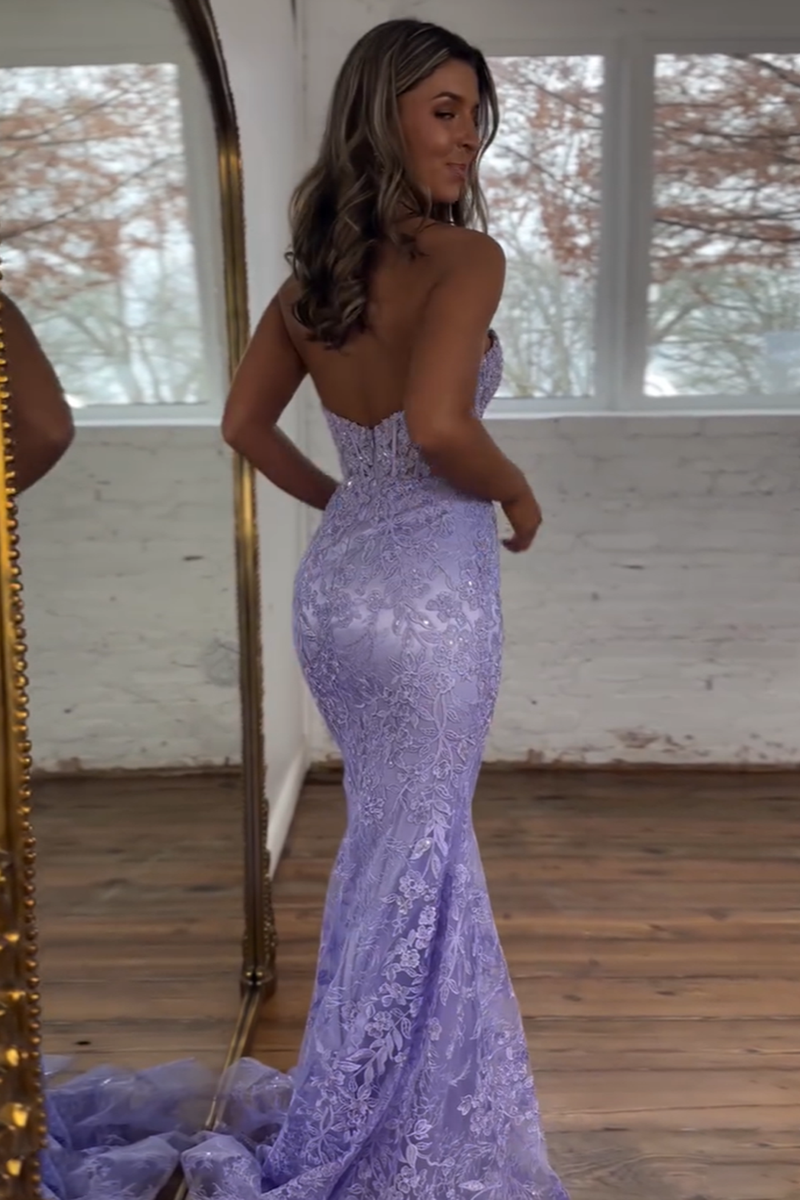 Load image into Gallery viewer, Light Blue Strapless Corset Mermaid Long Prom Dress with Appliques