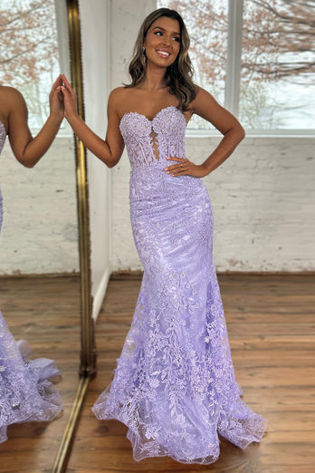 Light Blue Strapless Corset Mermaid Long Prom Dress with Appliques