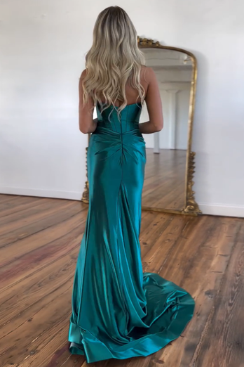 Emerald Green Strapless Satin Mermaid Corset Long Prom Dress with Slit