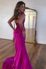 Load image into Gallery viewer, Fuchsia Mermaid Illusion Spaghetti Straps Floral Long Prom Dress with Slit