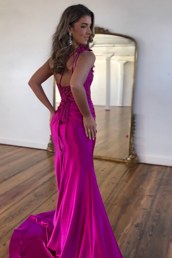 Fuchsia Mermaid Illusion Spaghetti Straps Floral Long Prom Dress with Slit