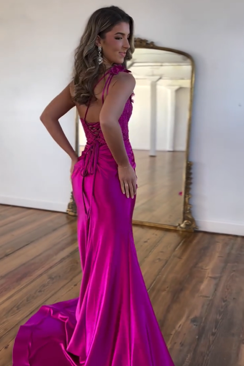 Load image into Gallery viewer, Fuchsia Mermaid Illusion Spaghetti Straps Floral Long Prom Dress with Slit