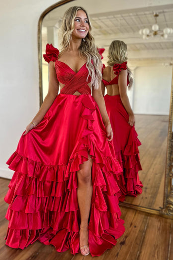 Red A-Line Satin A-Line Long Prom Dress with Slit