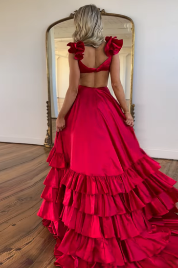 Red A-Line Satin A-Line Long Prom Dress with Slit