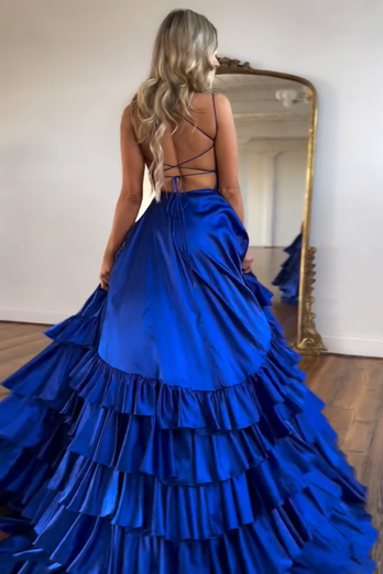 Royal Blue A-Line Spaghetti Straps Satin Long Prom Dress with Slit