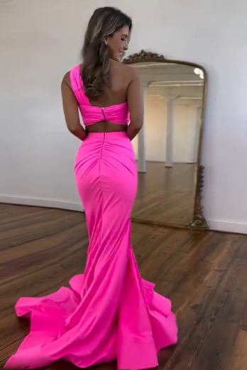 Sexy Hot Pink Mermaid One Shoulder Satin Long Prom Dress