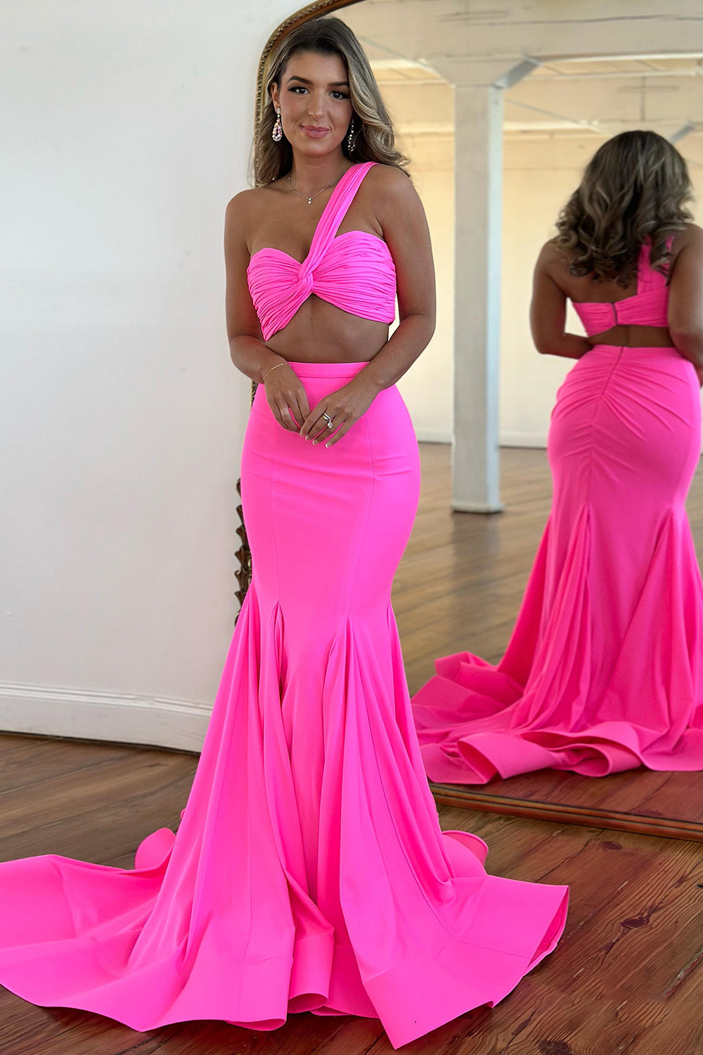 Sexy Hot Pink Mermaid One Shoulder Satin Long Prom Dress