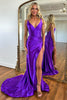 Load image into Gallery viewer, Purple Mermaid Corset Spaghetti Straps Satin Long Prom Dress with Slit