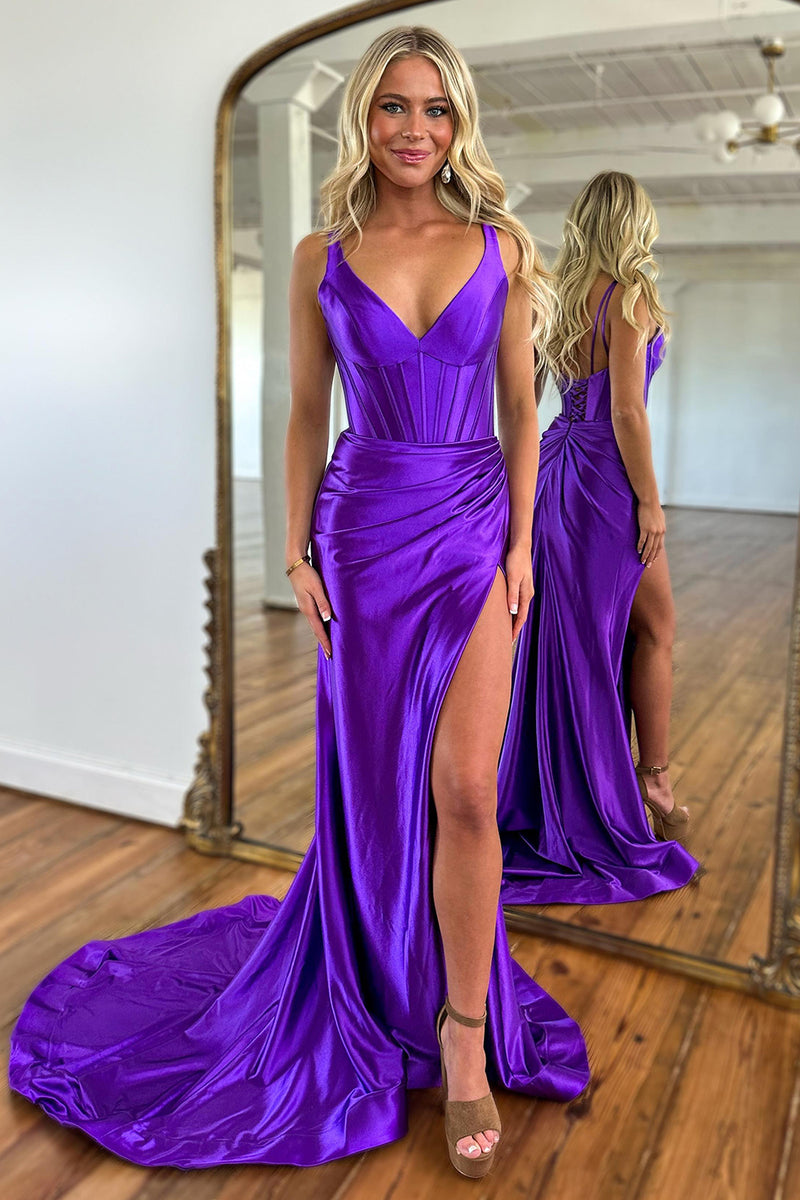 Load image into Gallery viewer, Purple Mermaid Corset Spaghetti Straps Satin Long Prom Dress with Slit