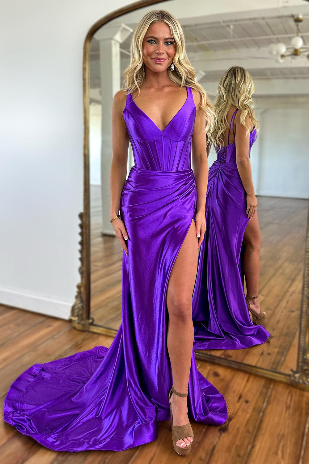 Purple Mermaid Corset Spaghetti Straps Satin Long Prom Dress with Slit