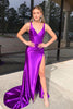 Load image into Gallery viewer, Violet Mermaid Corset Spaghetti Straps Satin Long Prom Dress with Slit