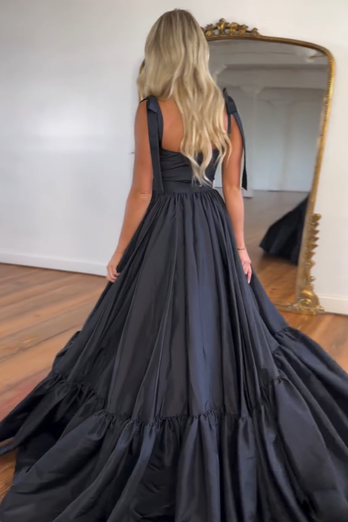 Simple Black Spaghetti Straps Satin A-Line Long Prom Dress