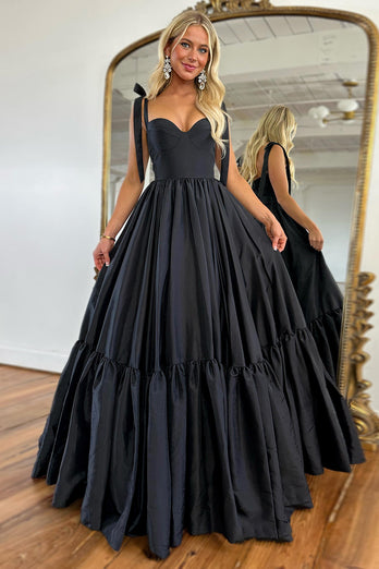 Simple Black Spaghetti Straps Satin A-Line Long Prom Dress