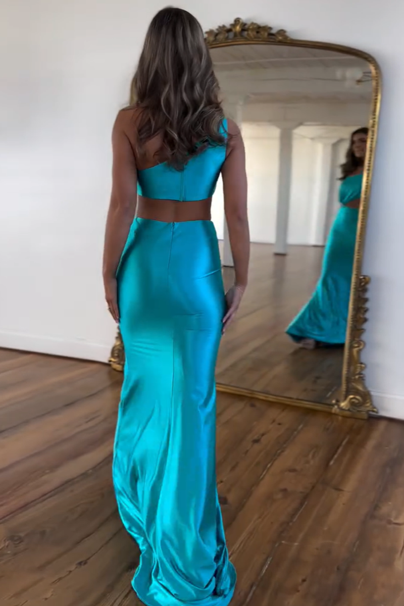 Load image into Gallery viewer, Unique Turquoise One Shoulder Mermaid Satin Long Prom Dress