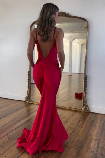 Red Spaghetti Straps Sheath Mermaid Long Prom Dress