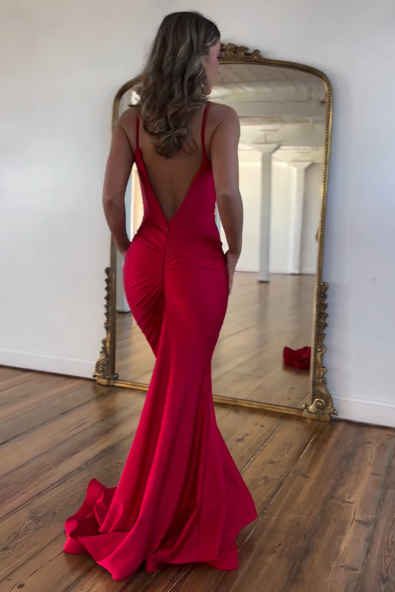 Load image into Gallery viewer, Red Spaghetti Straps Sheath Mermaid Long Prom Dress