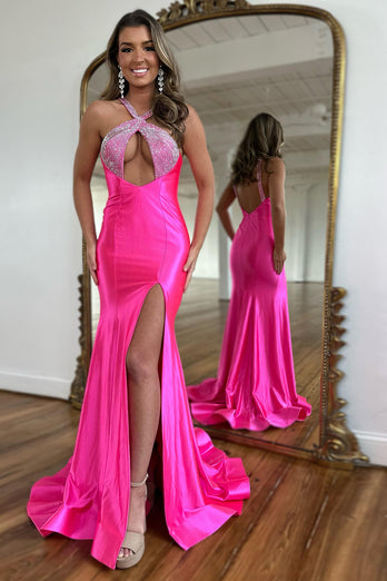 Sparkly Fuchsia Neck Collar Sequins Mermaid Long Prom Dress with Slit