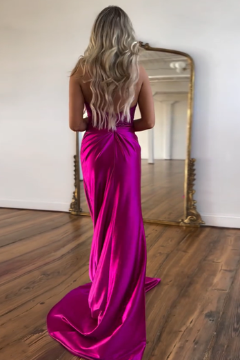 Fuchsia Neck Collar Jacquard Mermaid Long Prom Dress with Slit