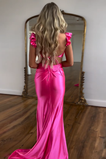 Sxey Hot Pink Mermaid Floral Satin Long Prom Dress