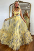 Load image into Gallery viewer, Yellow Spaghetti Straps Printing A-Line Long Prom Dress with Flower