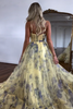 Load image into Gallery viewer, Yellow Spaghetti Straps Printing A-Line Long Prom Dress with Flower