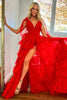 Load image into Gallery viewer, Red V-Neck A-Line Tulle Long Prom Dress with Slit