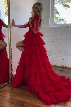 Red V-Neck A-Line Tulle Long Prom Dress with Slit