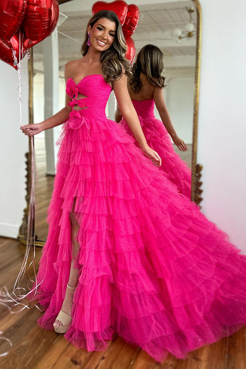 Fuchsia Strapless Tulle A-Line Long Prom Dress with Bows