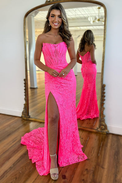 Hot Pink Strapless Corset Mermaid Long Prom Dress with Slit