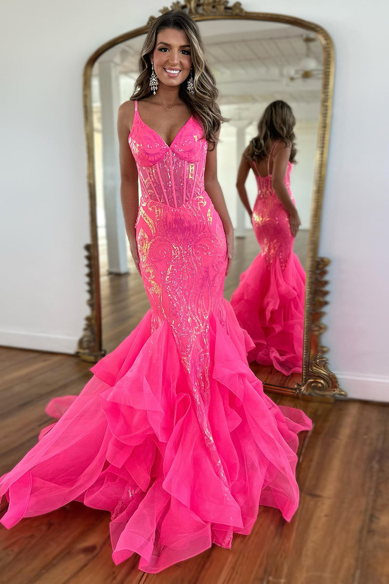 Load image into Gallery viewer, Fuchsia Mermaid Spaghetti Straps Corset Long Prom Dress with Sequins