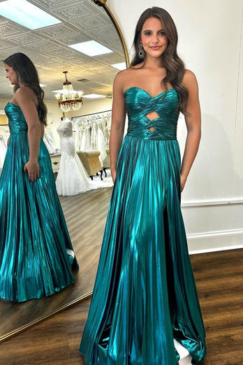 Peacock Blue Strapless A-Line Satin Long Prom Dress with Slit