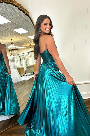 Peacock Blue Strapless A-Line Satin Long Prom Dress with Slit