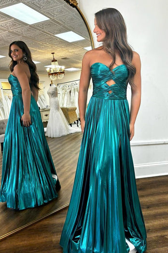 Peacock Blue Strapless A-Line Satin Long Prom Dress with Slit