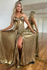 Load image into Gallery viewer, Gold Strapless A-Line Satin Long Prom Dress with Slit