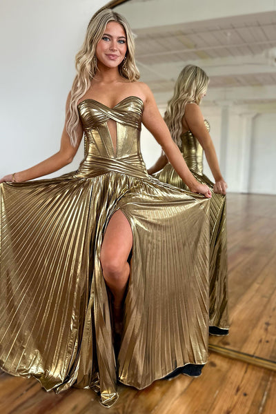 Gold Strapless A-Line Satin Long Prom Dress with Slit