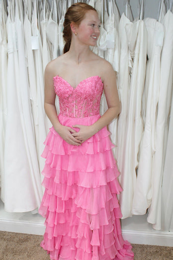 Pink Sweetheart Tiered Corset Prom Dress with Slit