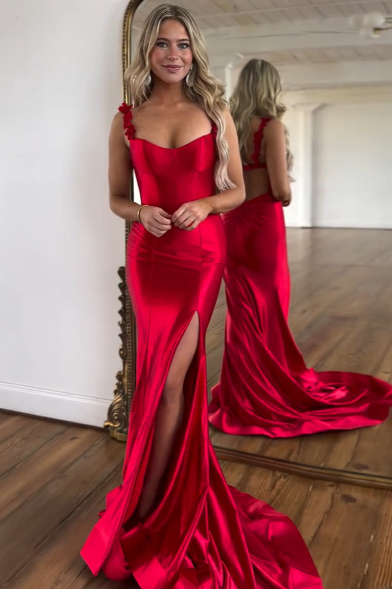 Load image into Gallery viewer, Red Mermaid Spaghetti Straps Satin Long Prom Dress with Slit