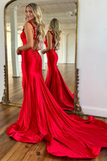 Red Mermaid Spaghetti Straps Satin Long Prom Dress with Slit