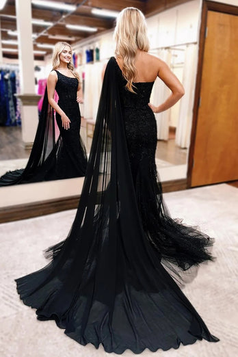 Black One Shoulder Tulle Long Prom Dress with Lace Appliques